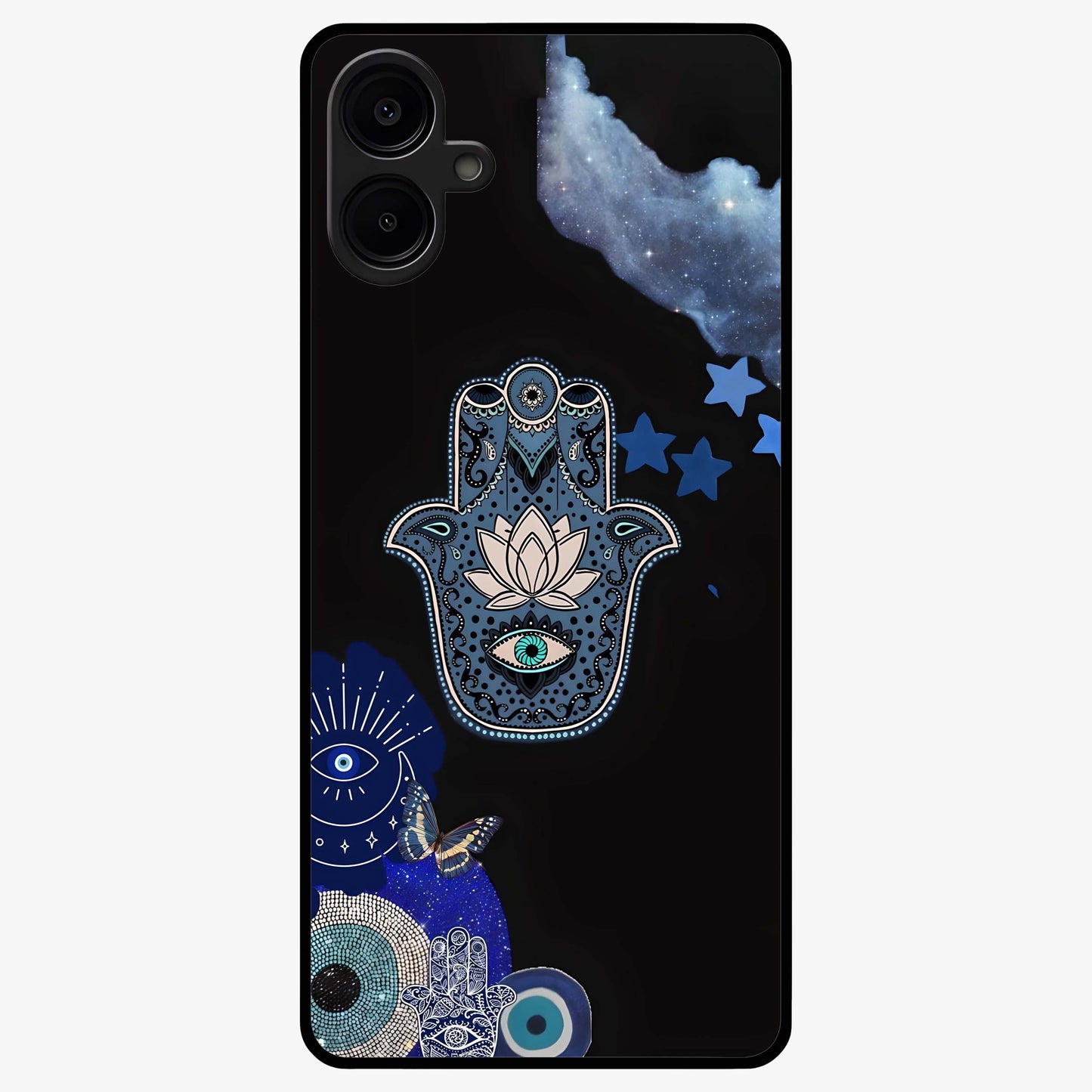 Mystic Hand Aura Glass Case showing flat back view with mystical hand symbol artwork and glossy glass finish.