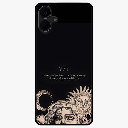 Mystic Victory Aura Glass Case showing flat back view with victory symbol artwork and glossy glass finish.