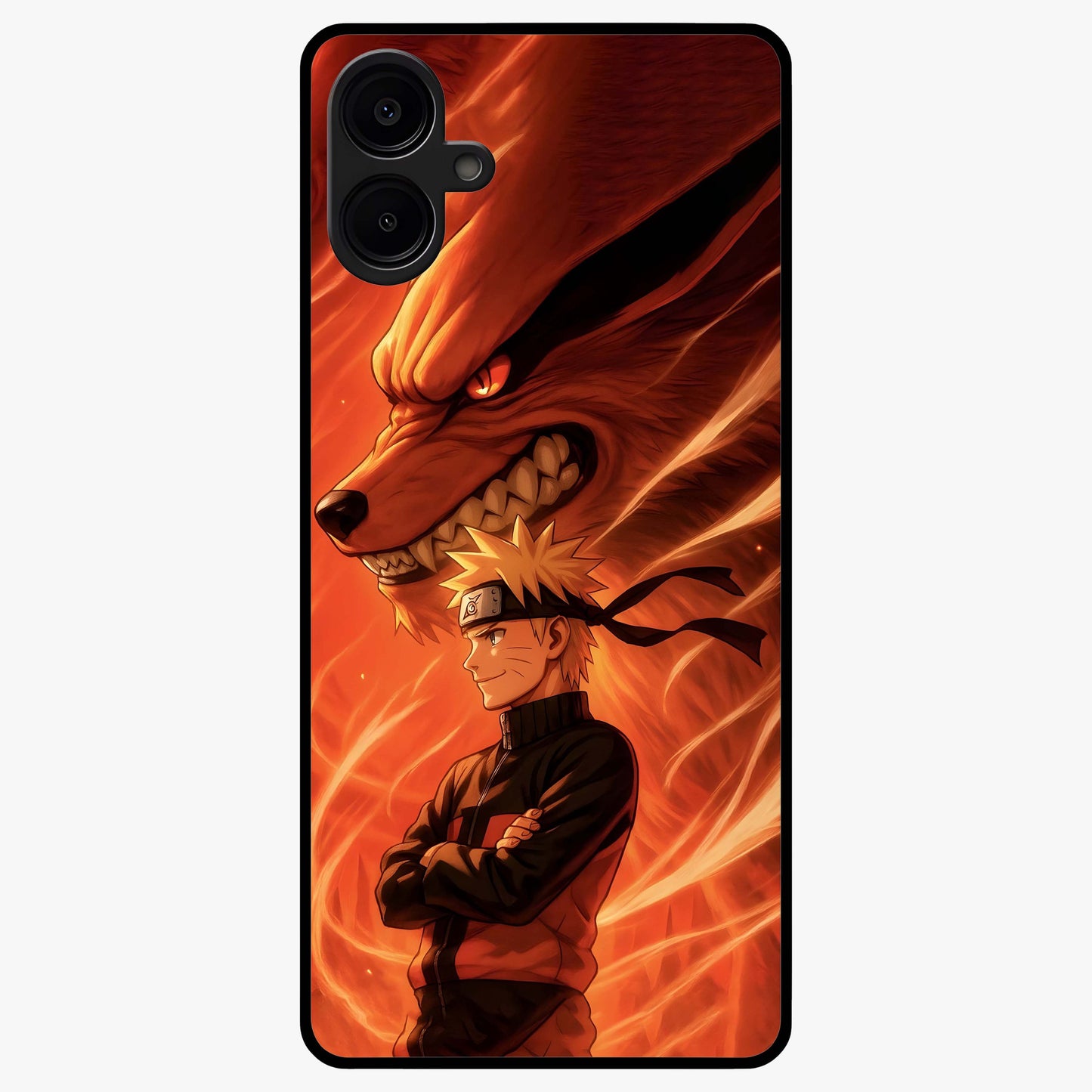 Nine Tails Legacy Glass Case showing flat back view with powerful nine-tailed fox inspired artwork and glossy glass finish.