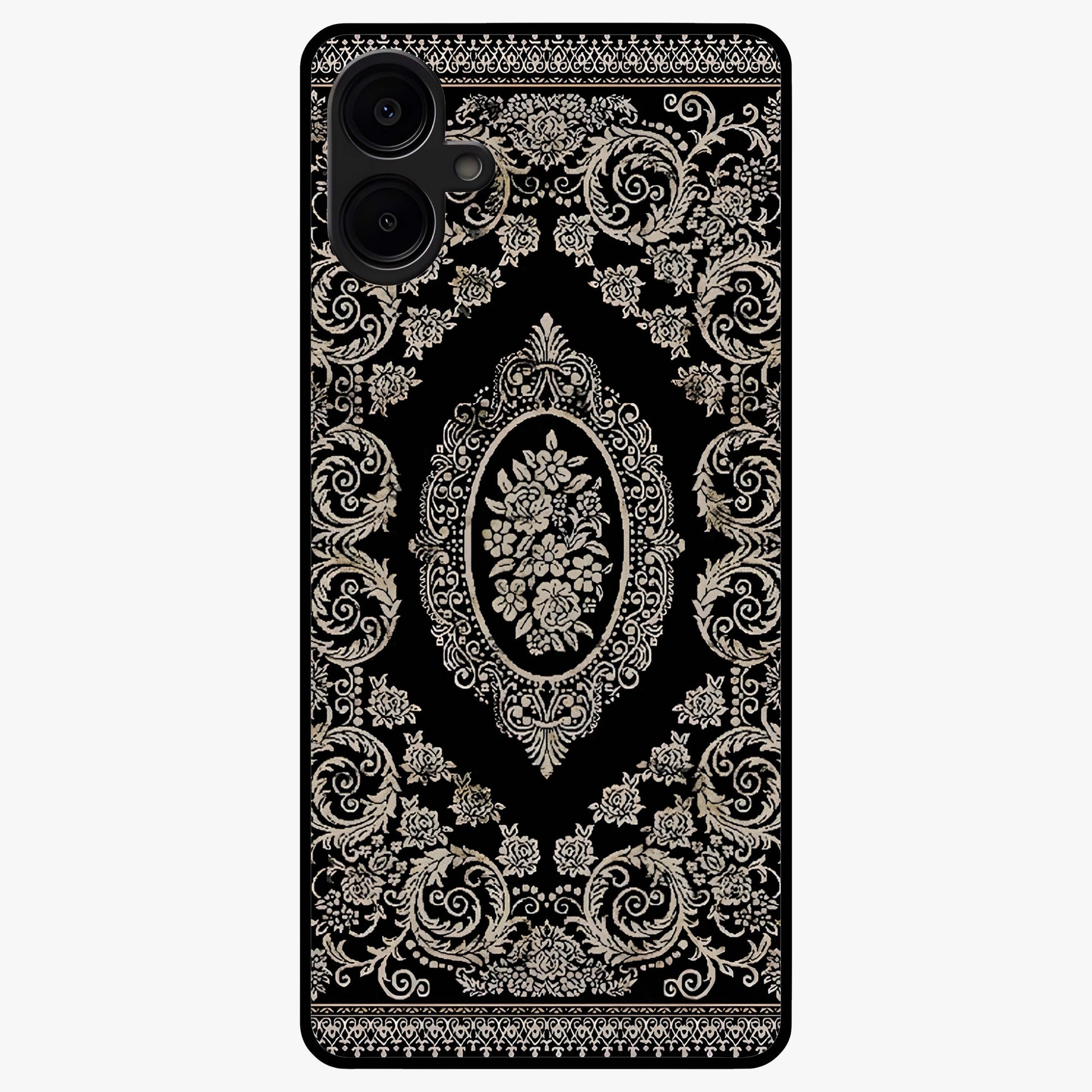 Noir Bloom Elegance Glass Case showing flat back view with elegant dark floral artwork and glossy glass finish.