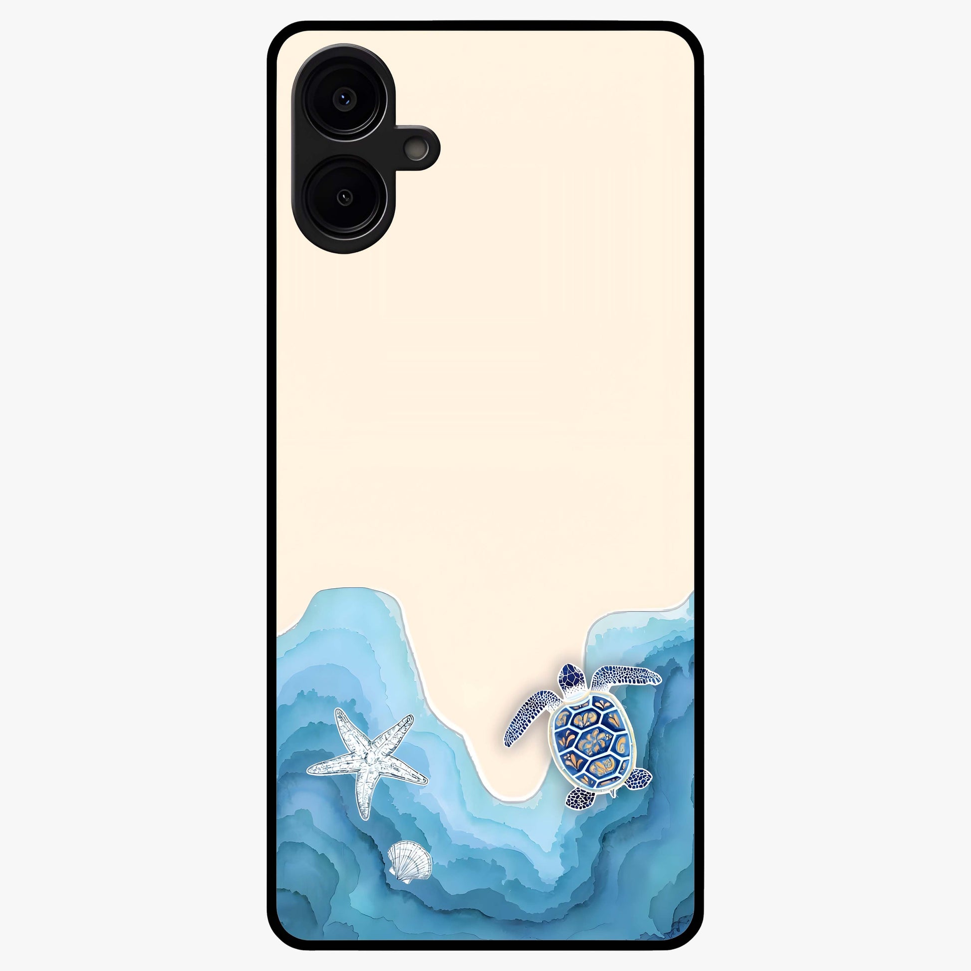 Ocean Drift Turtle Glass Case showing flat back view with sea turtle artwork and glossy glass finish.
