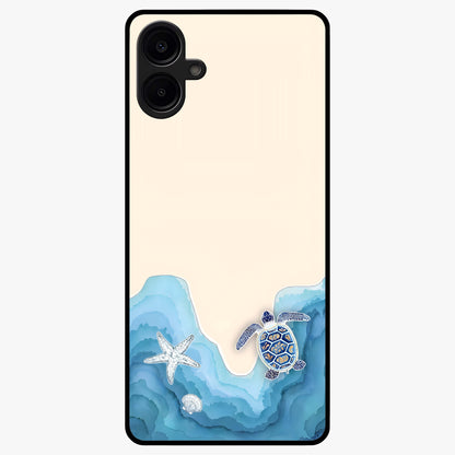 Ocean Drift Turtle Glass Case showing flat back view with sea turtle artwork and glossy glass finish.