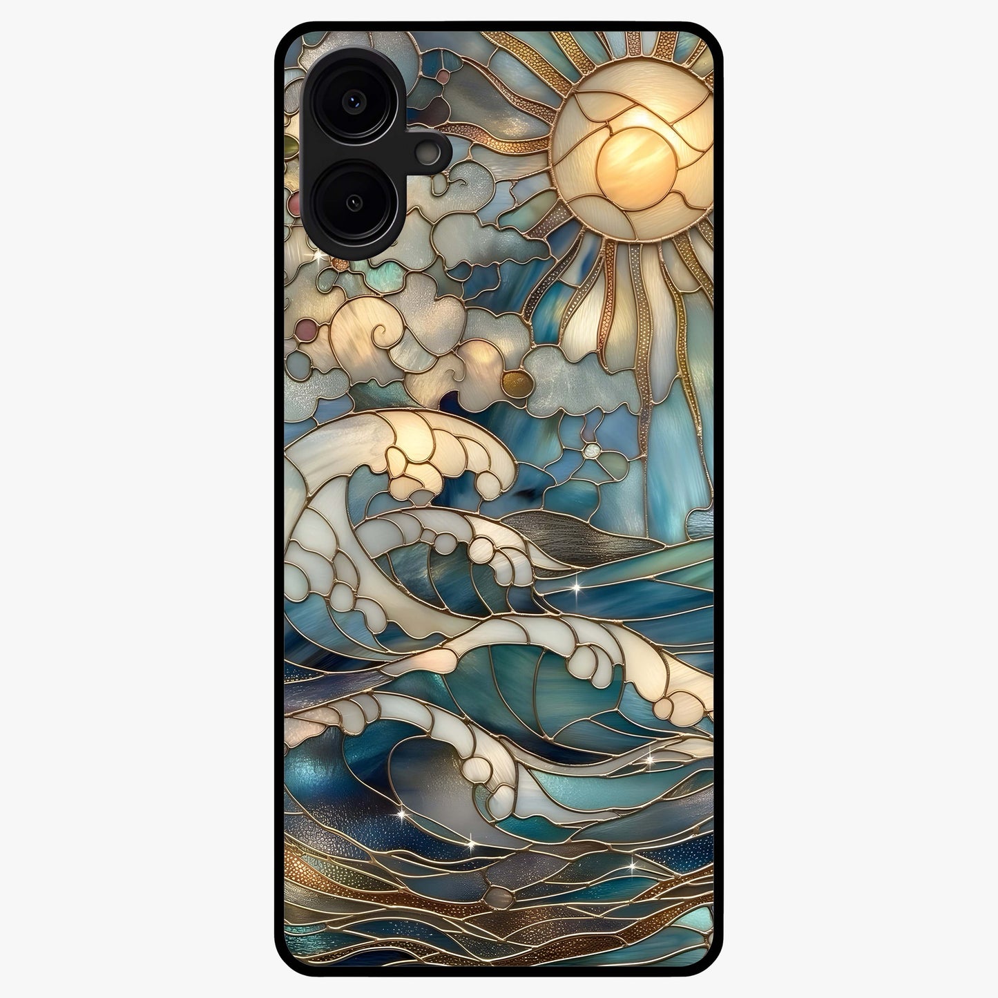Oceanic Stained Printed Glass Case showing flat back view with ocean inspired stained pattern artwork and glossy glass finish.