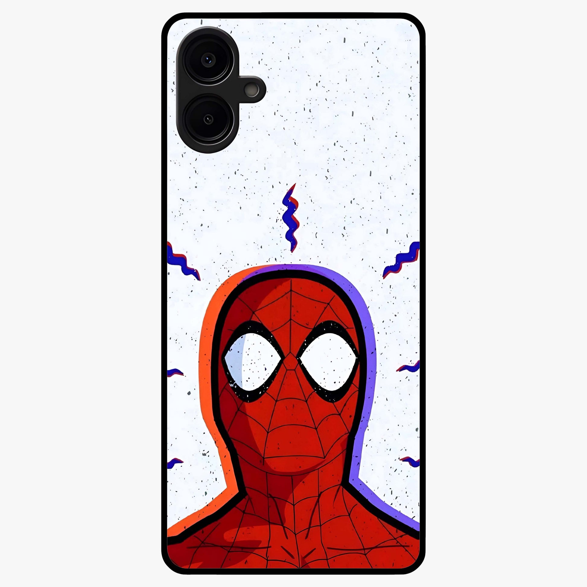 Omg Spiderman Glass Case showing flat back view with bold superhero inspired artwork and glossy glass finish.