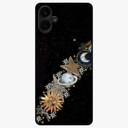 Pearls Universe Object Glass Case showing flat back view with pearl inspired cosmic artwork and glossy glass finish.