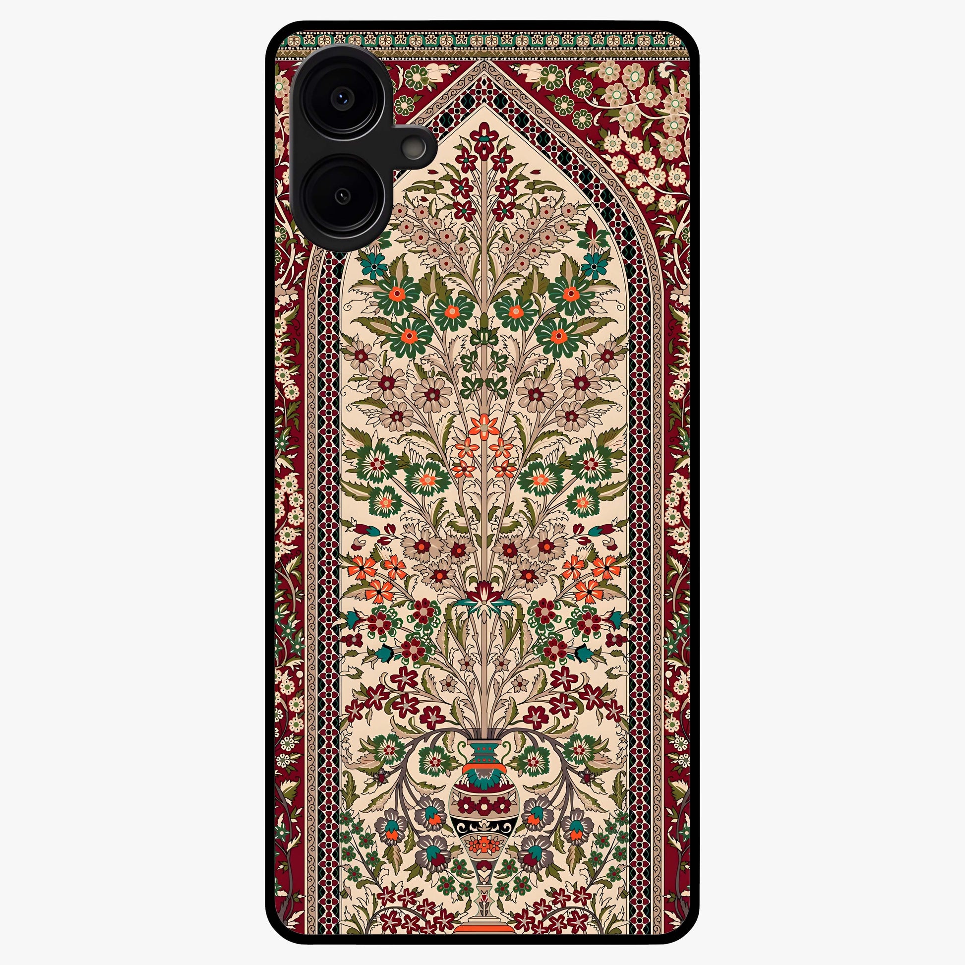 Persian Inspired Glass Case showing flat back view with ornate Persian style pattern artwork and glossy glass finish.