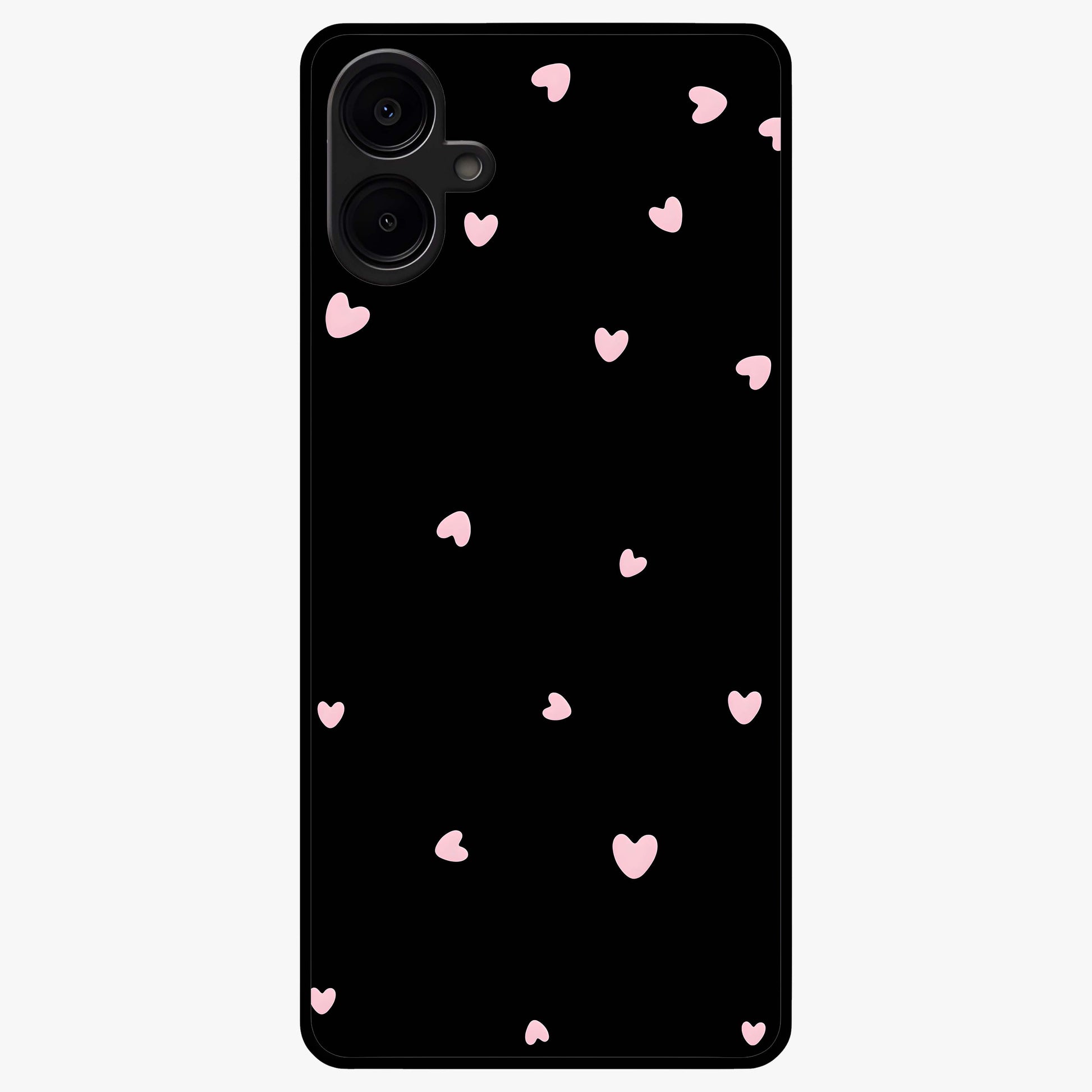 Pink Love Drops Glass Case showing flat back view with playful pink heart drops artwork and glossy glass finish.
