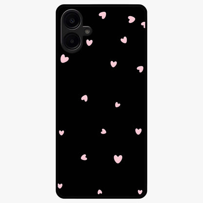 Pink Love Drops Glass Case showing flat back view with playful pink heart drops artwork and glossy glass finish.