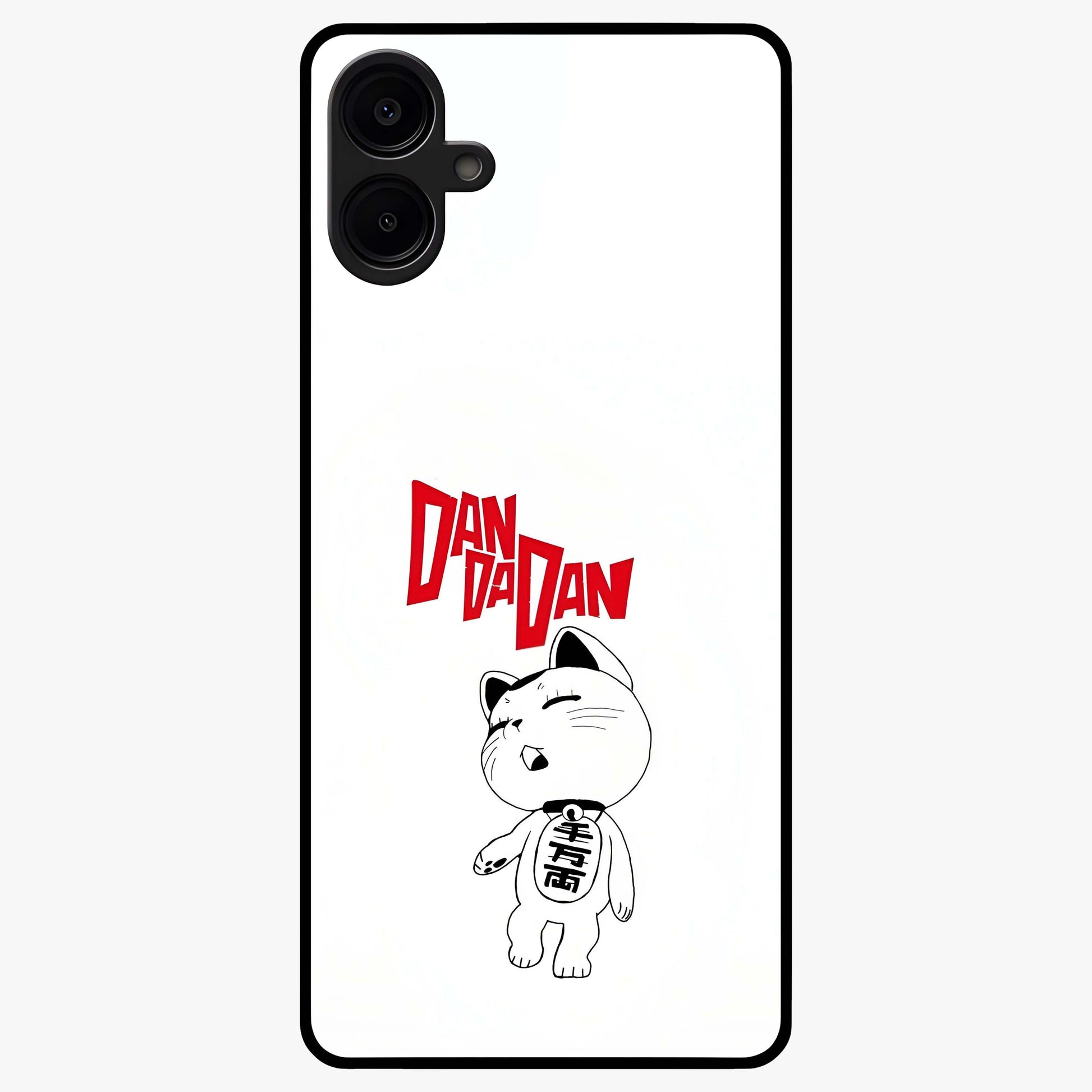 Playful Spirit Charm Glass Case showing flat back view with cheerful charm themed artwork and glossy glass finish.