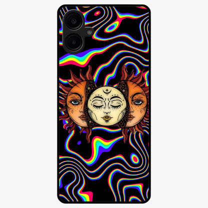 Psychedelic Sun Glass Case showing flat back view with colorful psychedelic sun artwork and glossy glass finish.