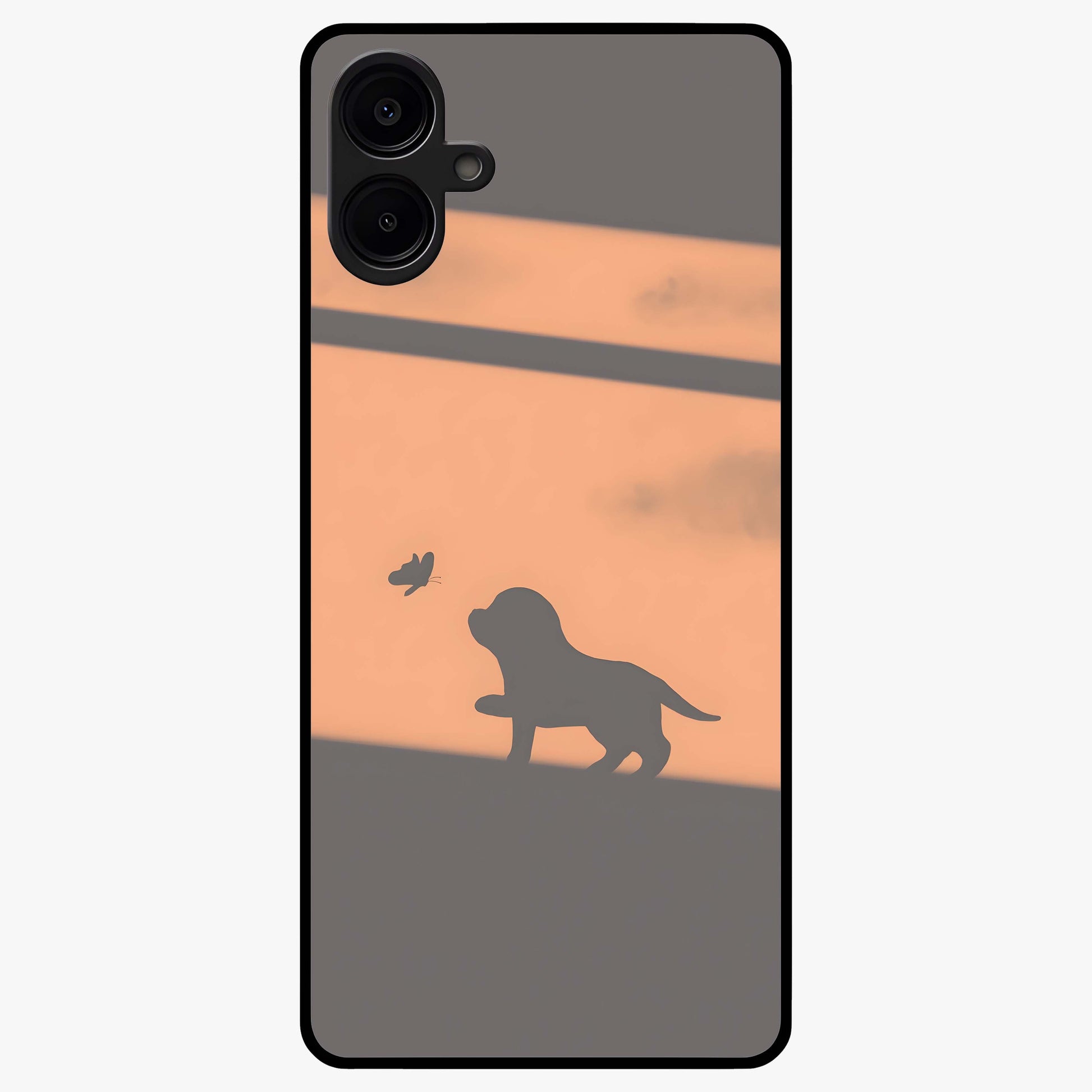 Puppy Shadow Art Glass Case showing flat back view with cute puppy shadow style artwork and glossy glass finish.