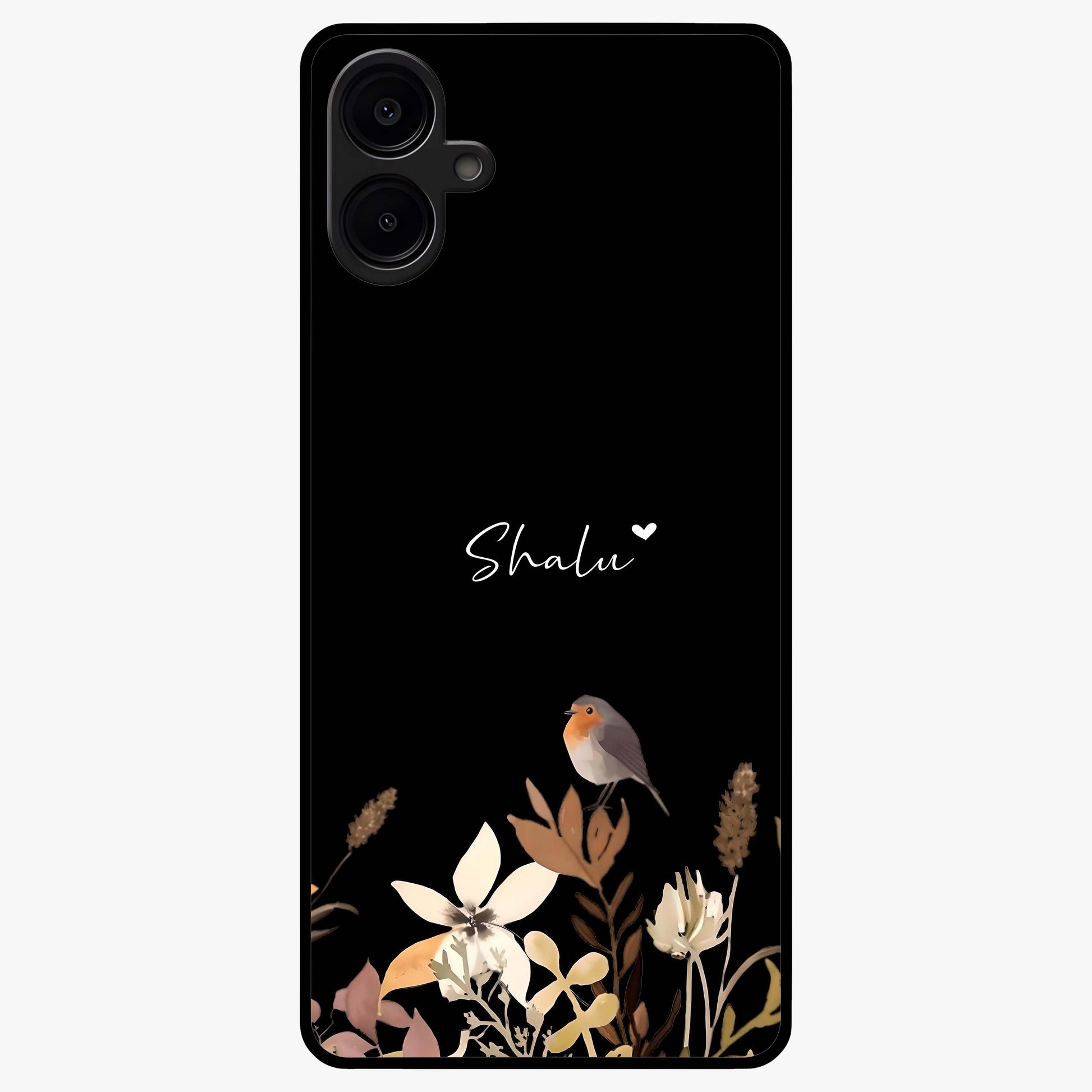 Quiet Garden Tune Custom Name Glass Case showing flat back view with peaceful garden artwork and personalized name design.