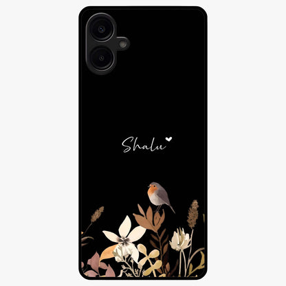 Quiet Garden Tune Custom Name Glass Case showing flat back view with peaceful garden artwork and personalized name design.
