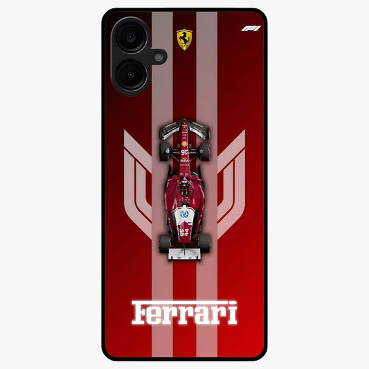 Red Ferrari F1 Vertical Glass Case showing flat back view with sleek Formula racing car artwork and glossy glass finish.