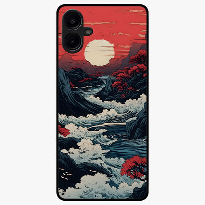 Red Sunset Scenery Glass Case showing flat back view with vibrant sunset landscape artwork and glossy glass finish.