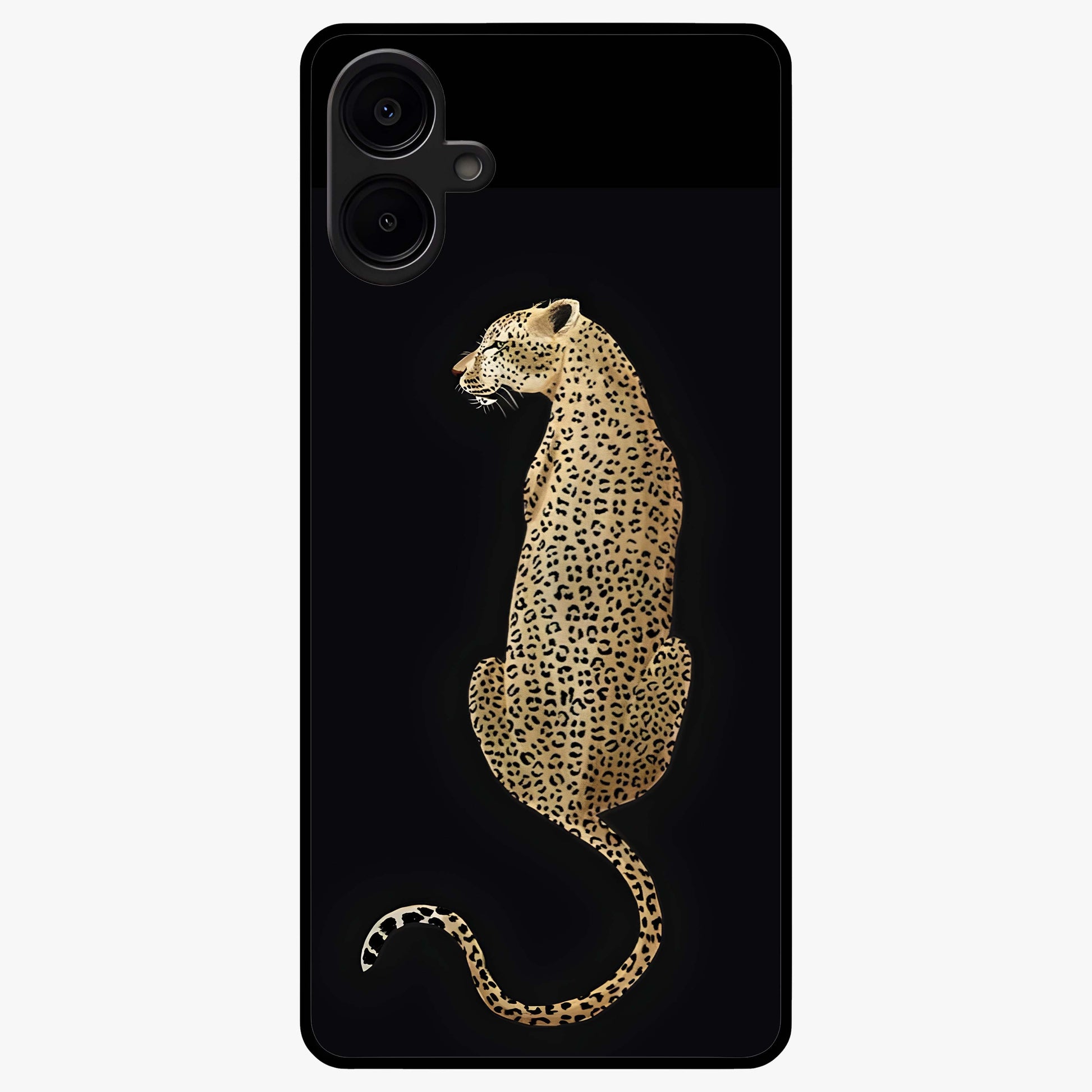 Regal Leopard Glass Case showing flat back view with bold leopard artwork and glossy glass finish.