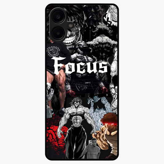 Relentless Power Focus Glass Case showing flat back view with motivational typography artwork and glossy glass finish.