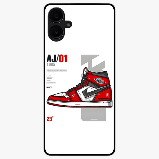 Retro Sneaker Blueprint Glass Case showing flat back view with sneaker blueprint style artwork and glossy glass finish.