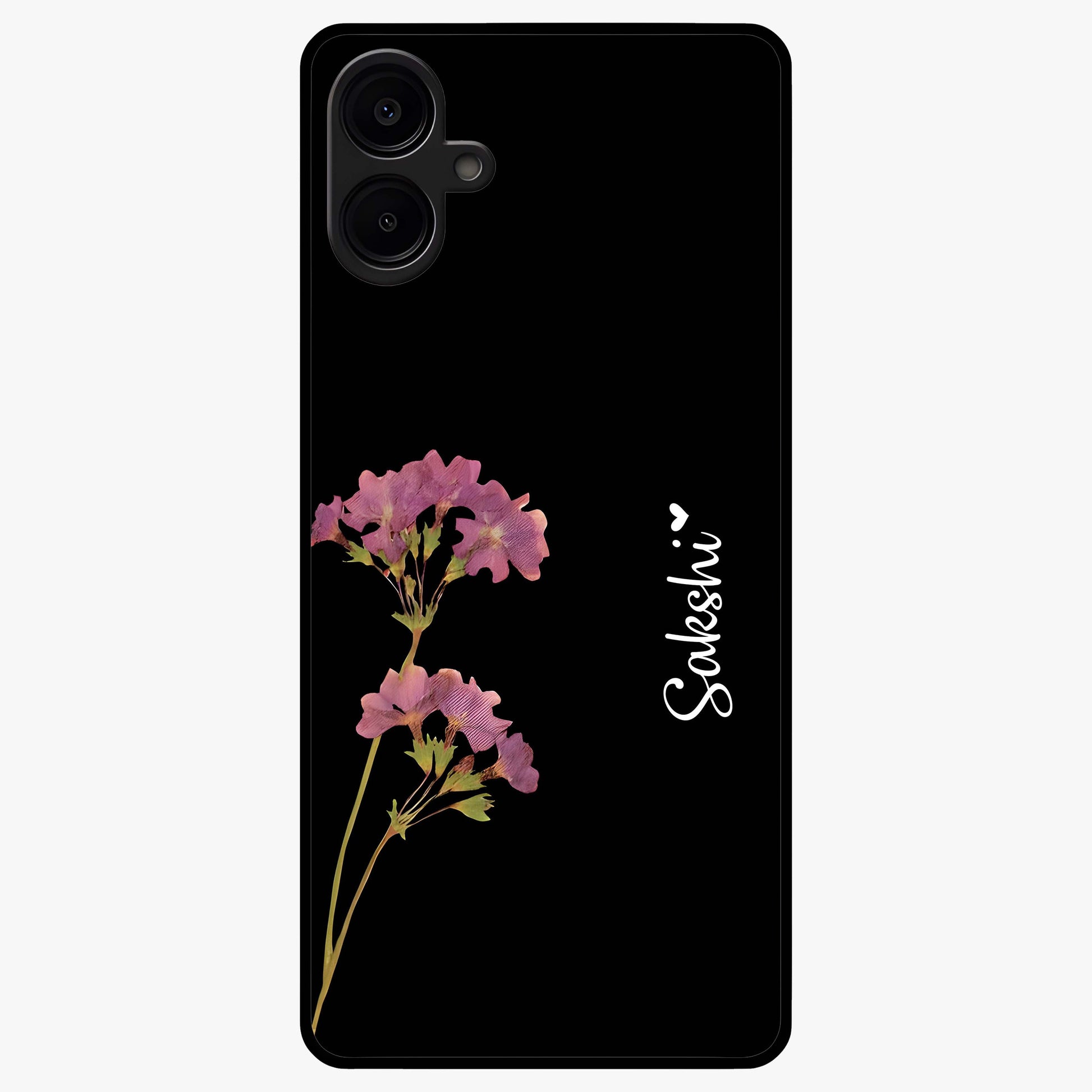 Riching Lavender Flower Custom Name Glass Case showing flat back view with lavender floral artwork and personalized name design.