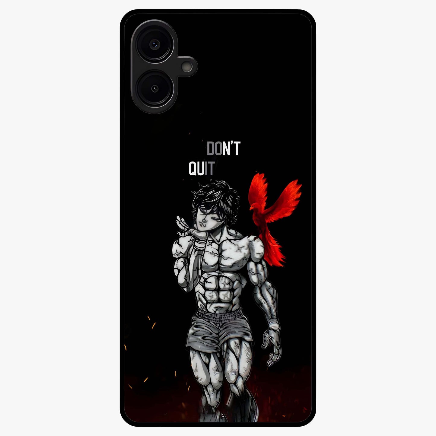Rise Beyond Limits Glass Case showing flat back view with motivational typography artwork and glossy glass finish.