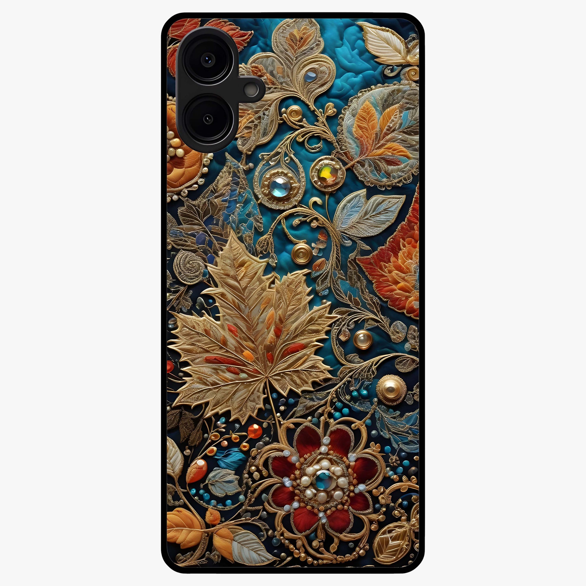 Royal Jewel Garden Glass Case showing flat back view with decorative floral garden artwork and glossy glass finish.