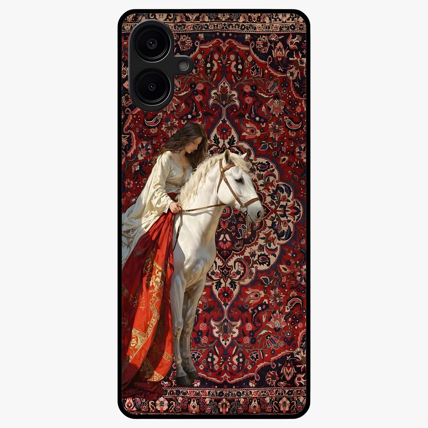Royal Rider Tapestry Glass Case showing flat back view with majestic horse rider tapestry artwork and glossy glass finish.