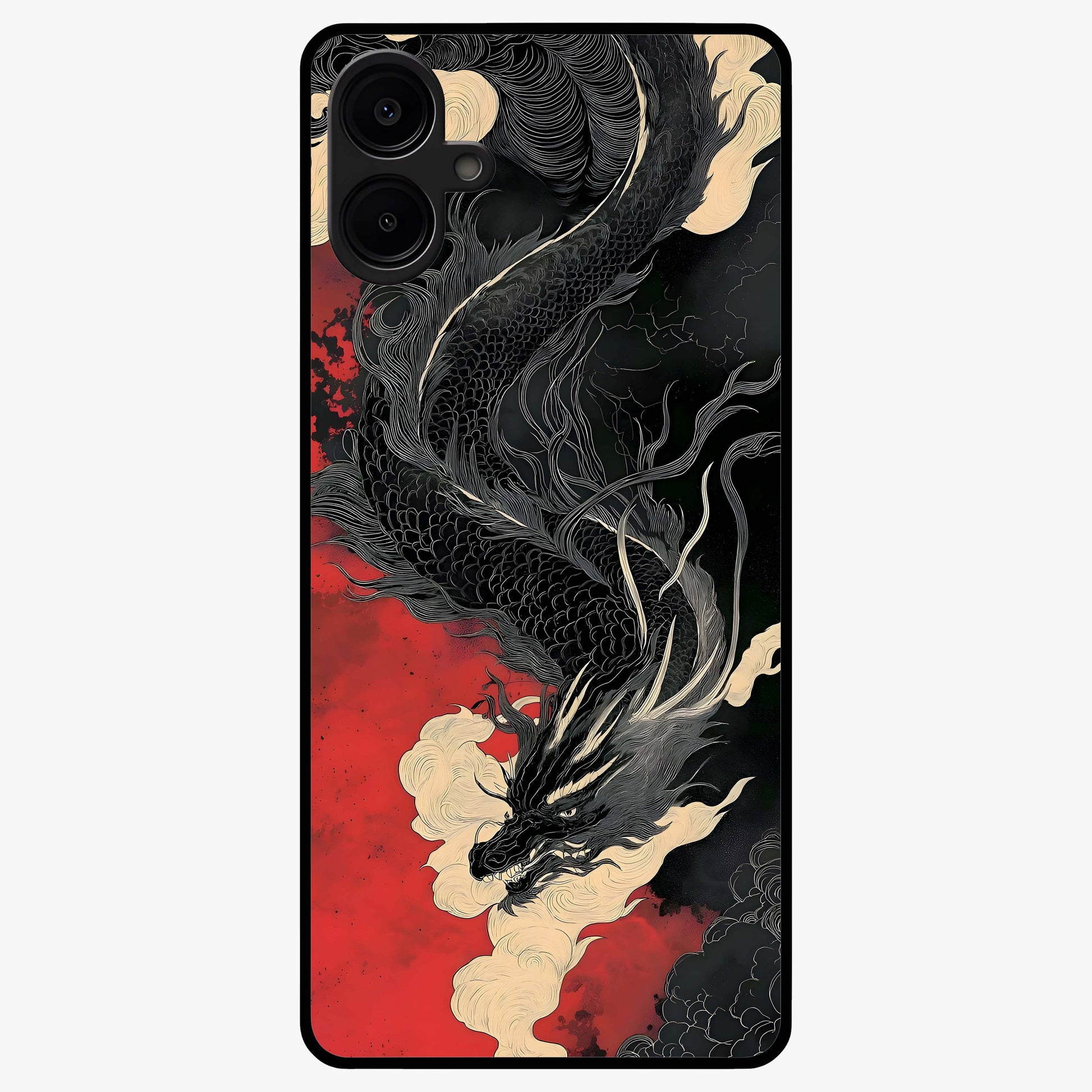 Shadow Dragon Fury Glass Case showing flat back view with fierce dragon artwork and glossy glass finish.