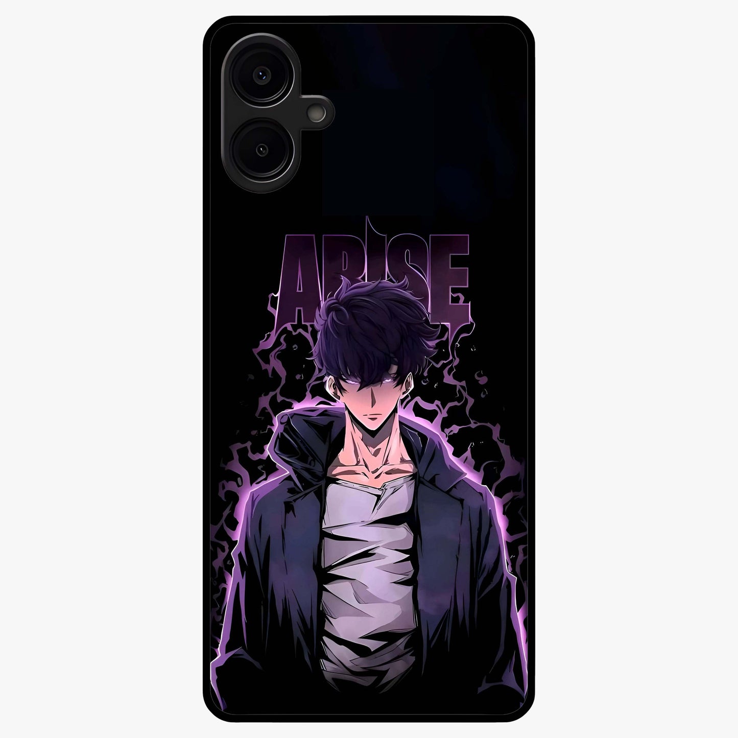 Shadow Monarch Awakening Glass Case showing flat back view with powerful dark monarch themed artwork and glossy glass finish.