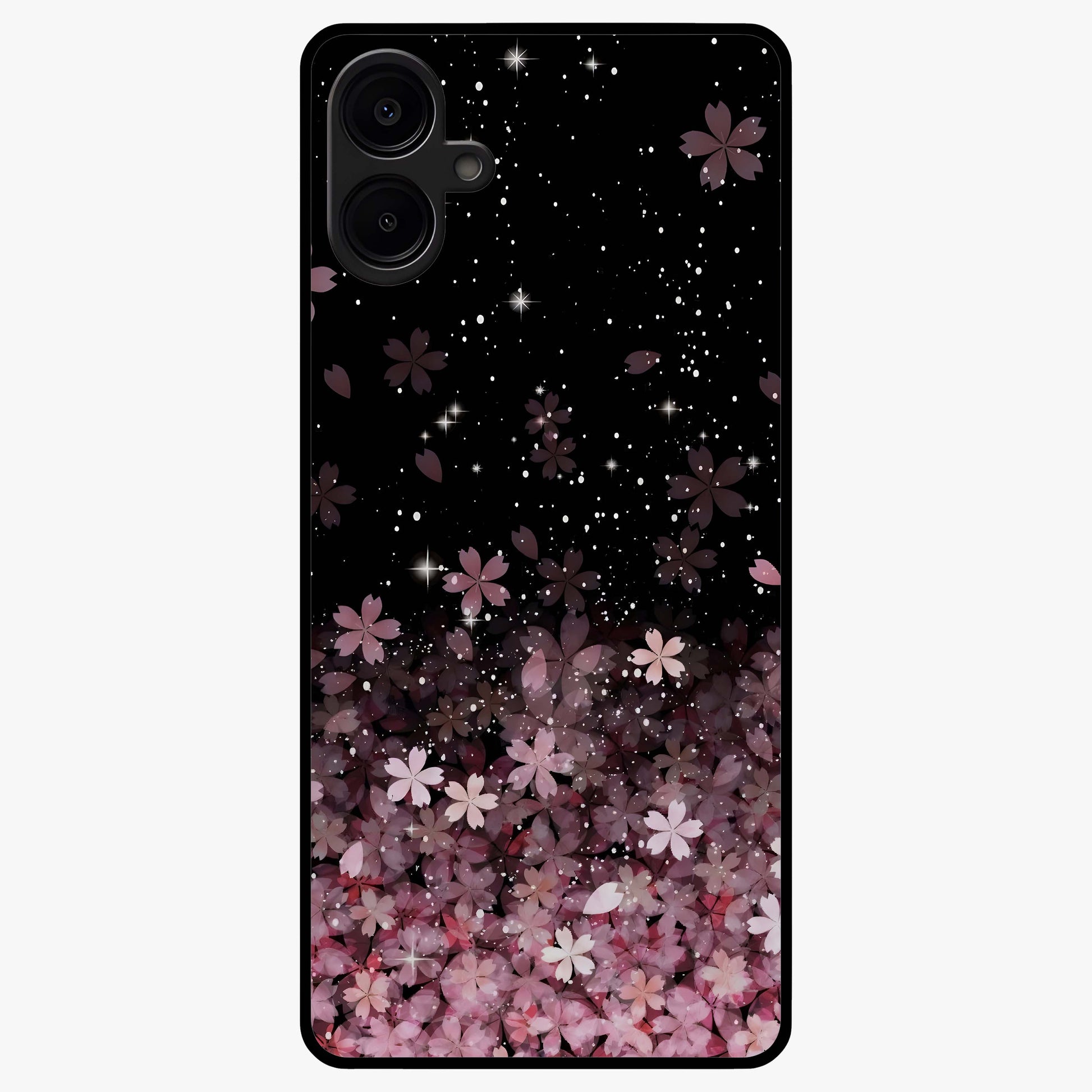 Small Starry Flowers Glass Case showing flat back view with delicate starry floral artwork and glossy glass finish.