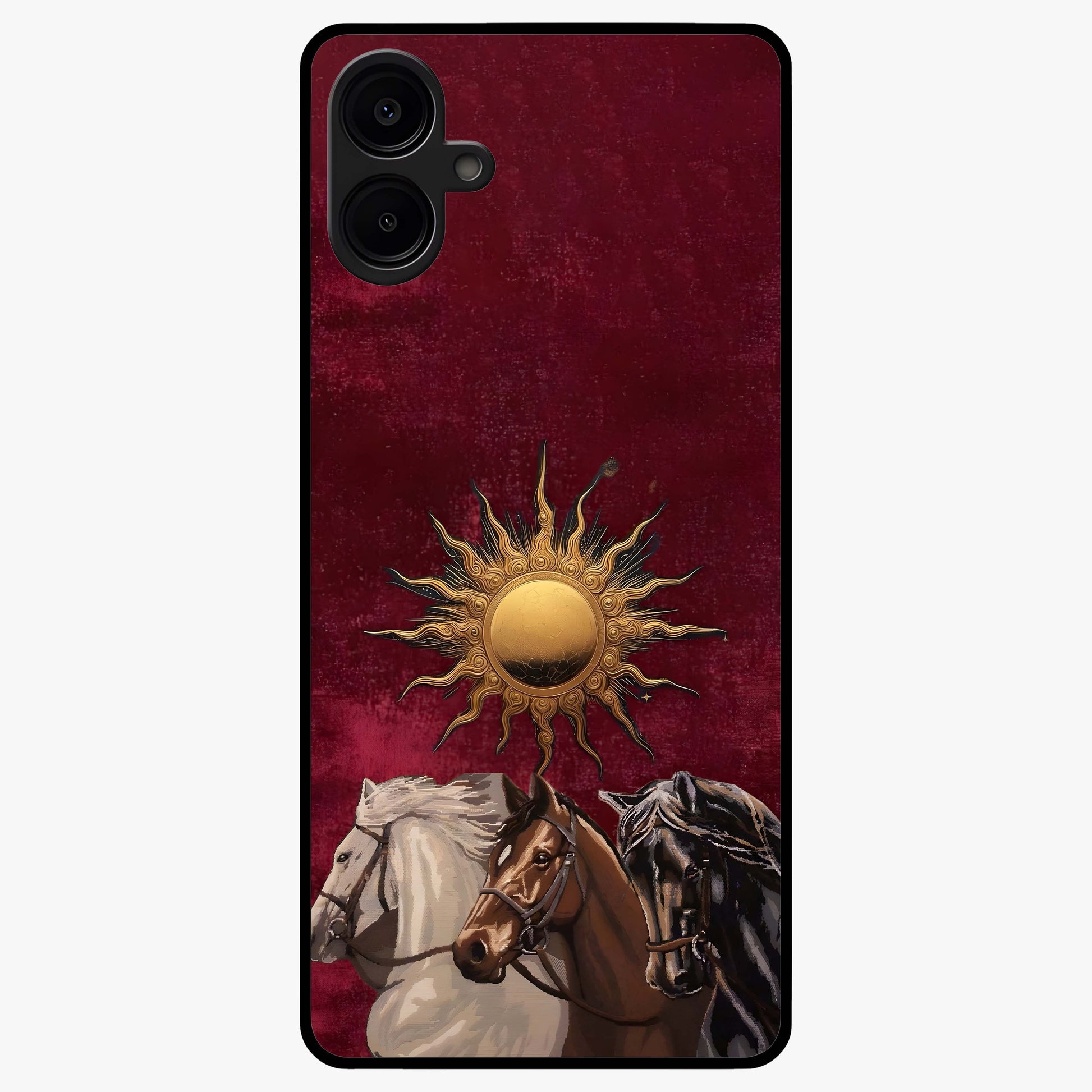Solar Riders Glass Case showing flat back view with dynamic rider themed artwork and glossy glass finish.
