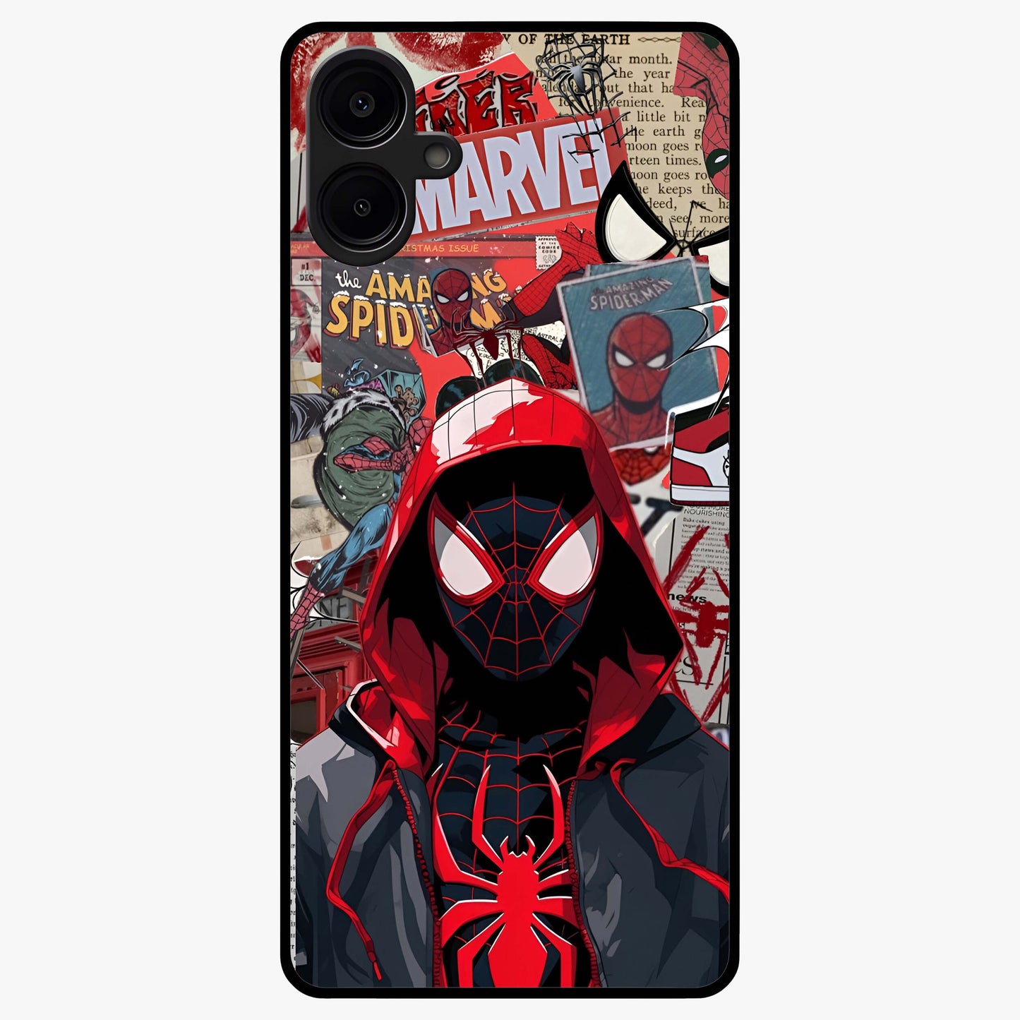 Spider Collage Street Glass Case showing flat back view with vibrant superhero collage artwork and glossy glass finish.