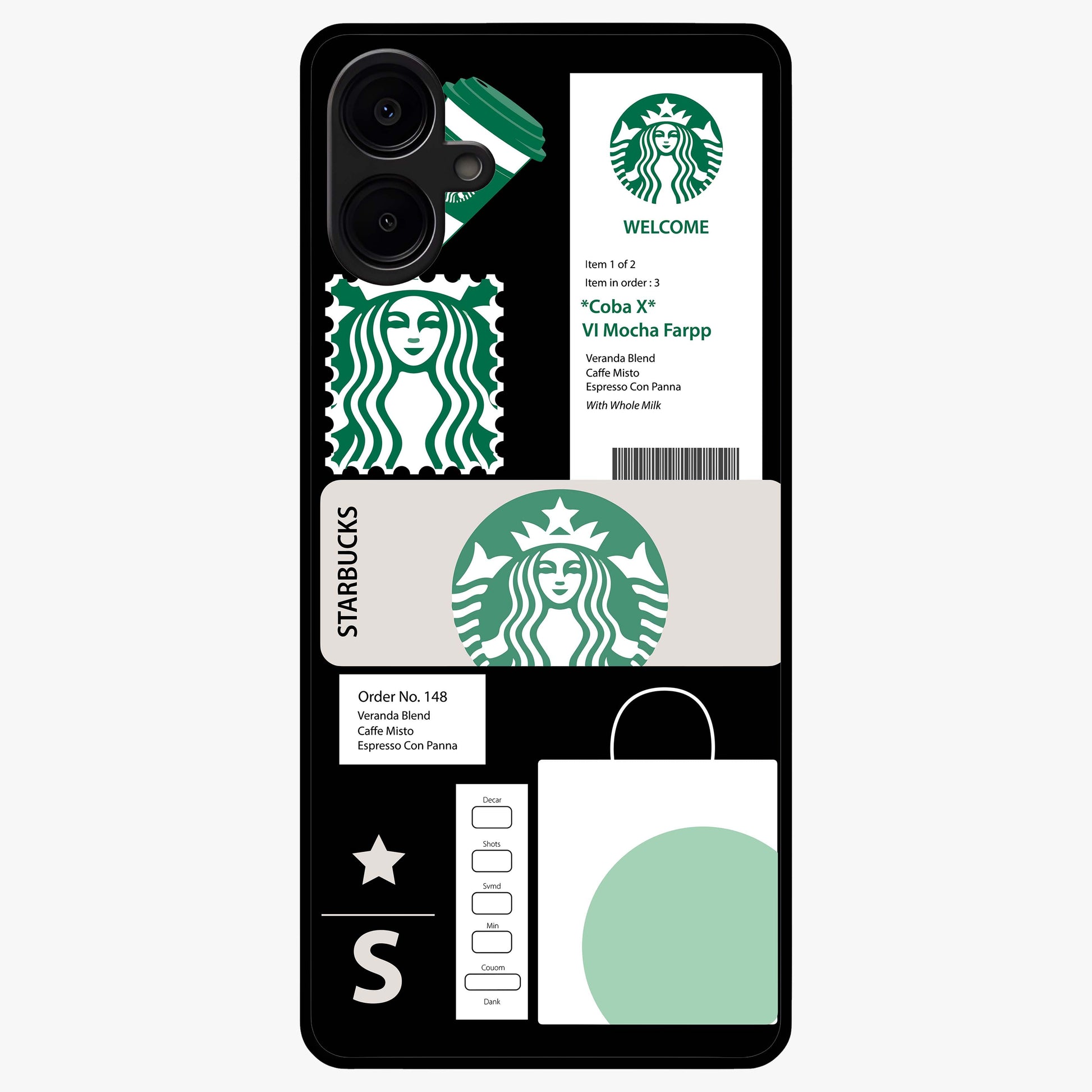 Starbucks Mocha Glass Case showing flat back view with coffee inspired artwork and glossy glass finish.