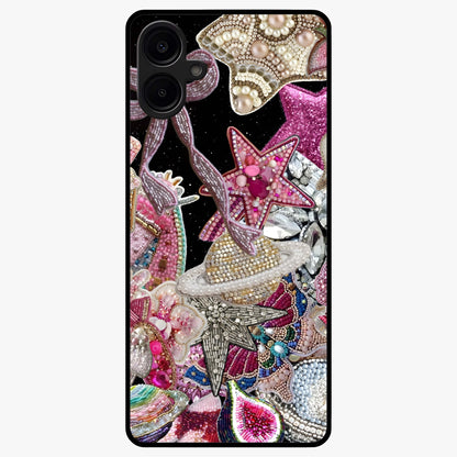 Starlit Jewel Dream Glass Case showing flat back view with sparkling jewel and star themed artwork and glossy glass finish.
