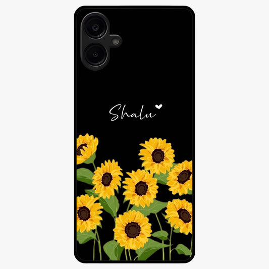 Sunflower Chic Mood Custom Name Glass Case showing flat back view with stylish sunflower artwork and personalized name design.