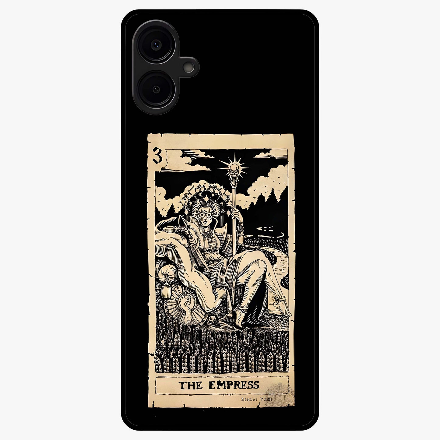 The Empress Glass Case showing flat back view with regal feminine artwork and glossy glass finish.