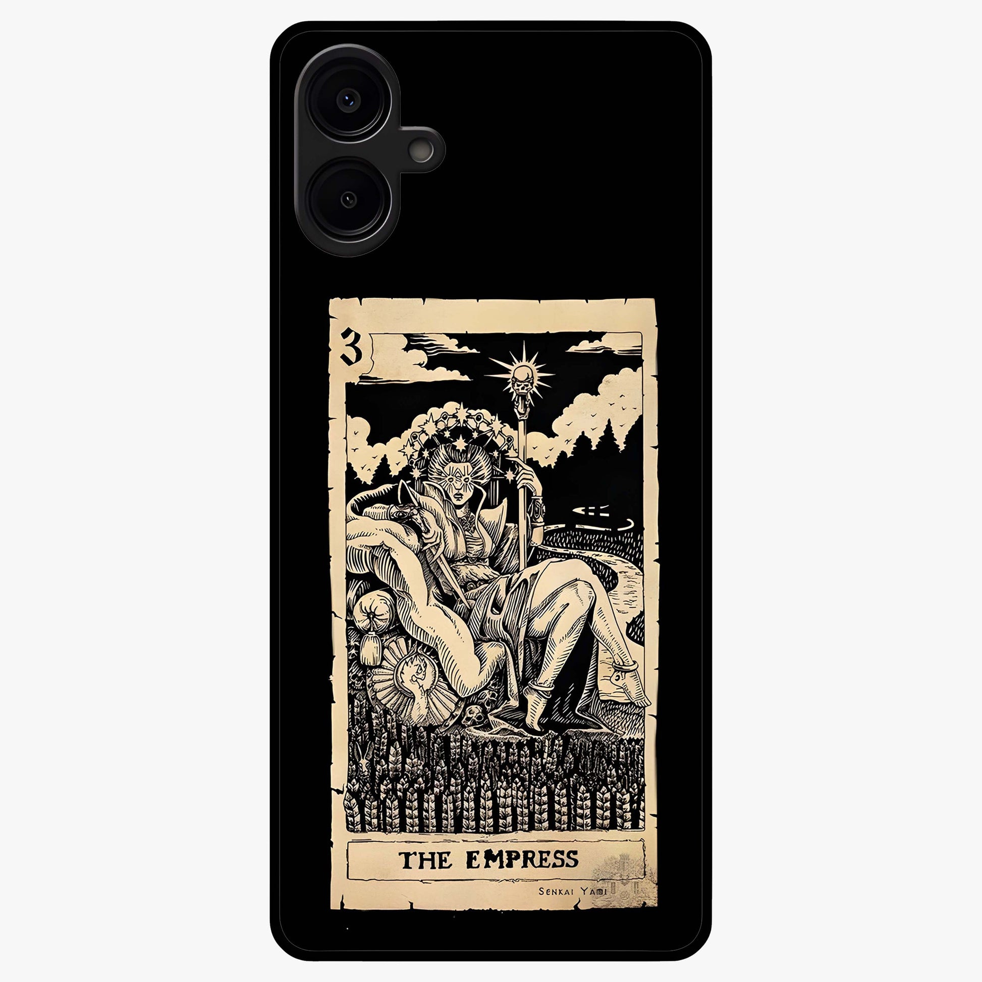 The Empress Glass Case showing flat back view with regal feminine artwork and glossy glass finish.