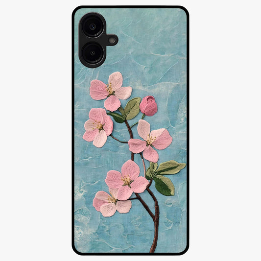 Threaded Blossom Breeze Glass Case showing flat back view with delicate blossom artwork and glossy glass finish.