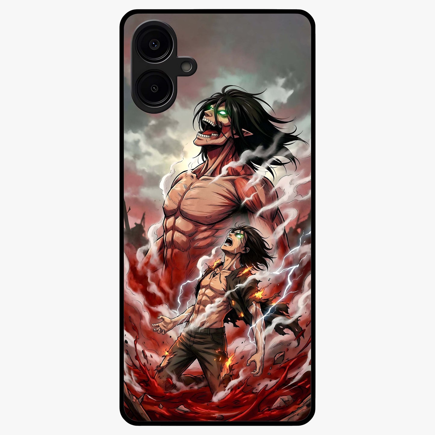 Titan Awakening Fury Glass Case showing flat back view with powerful titan inspired artwork and glossy glass finish.