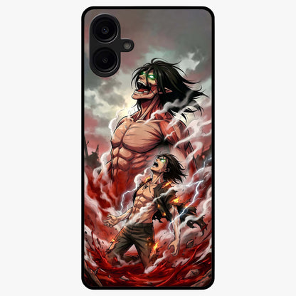 Titan Awakening Fury Glass Case showing flat back view with powerful titan inspired artwork and glossy glass finish.