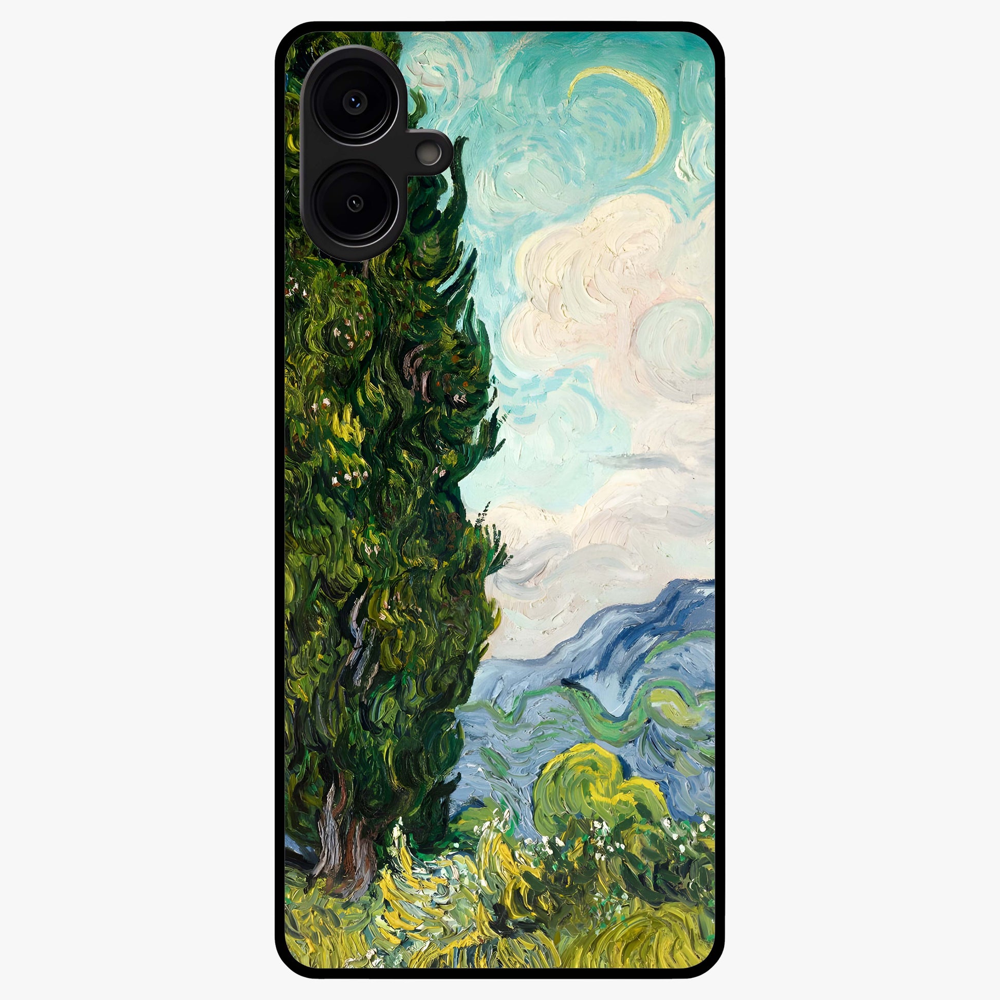Van Gogh Vintage Art Glass Case showing flat back view with vintage painterly artwork inspired by Van Gogh style and glossy glass finish.