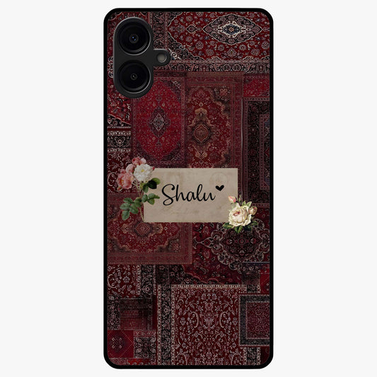 Velvet Wine Pattern Custom Name Glass Case showing flat back view with elegant wine colored pattern artwork and personalized name design.