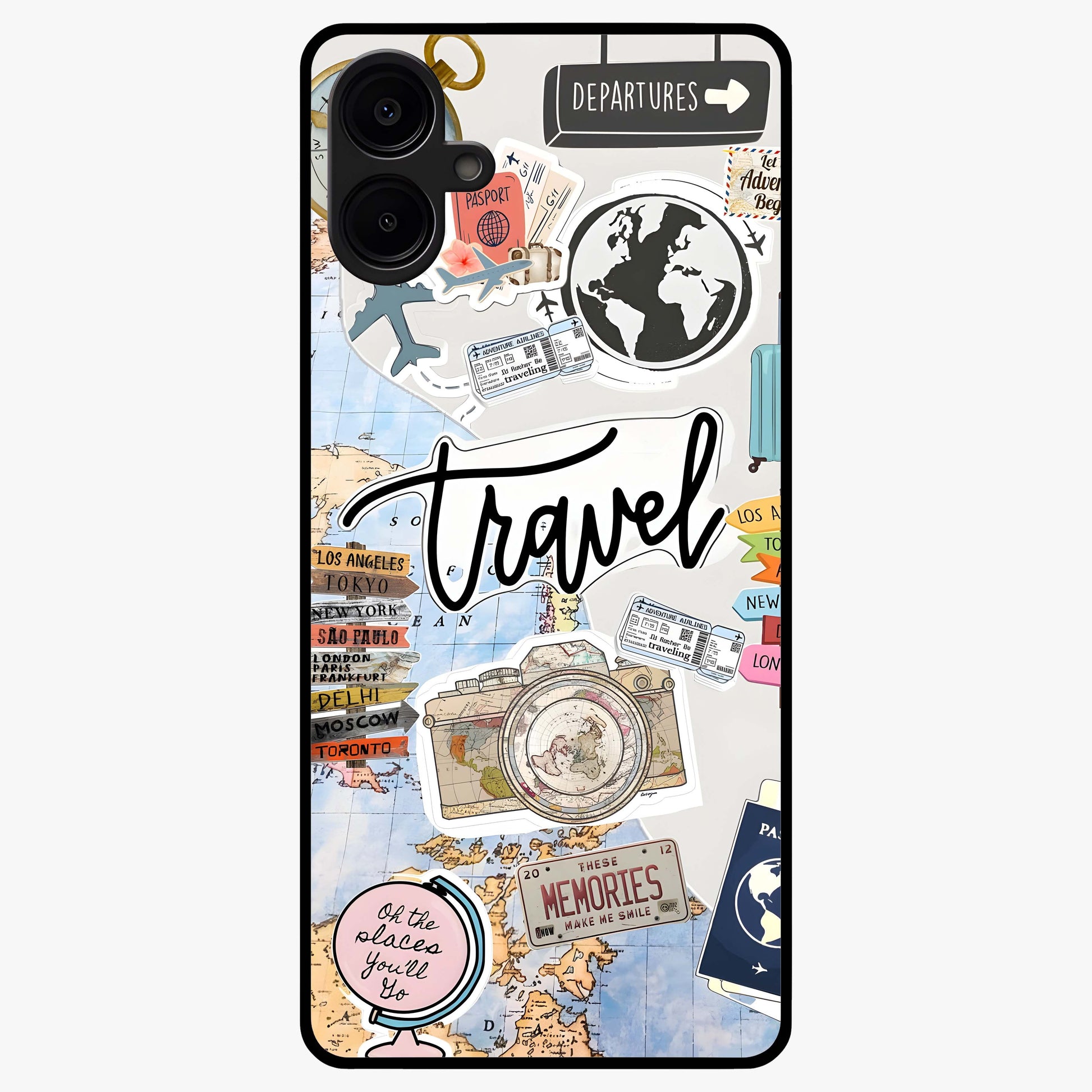 Wanderlust Journal Glass Case showing flat back view with travel inspired artwork and glossy glass finish.