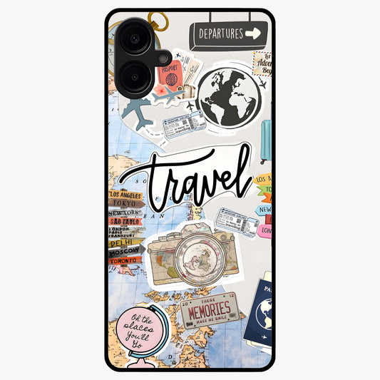 Wanderlust Journal Glass Case showing flat back view with travel inspired artwork and glossy glass finish.