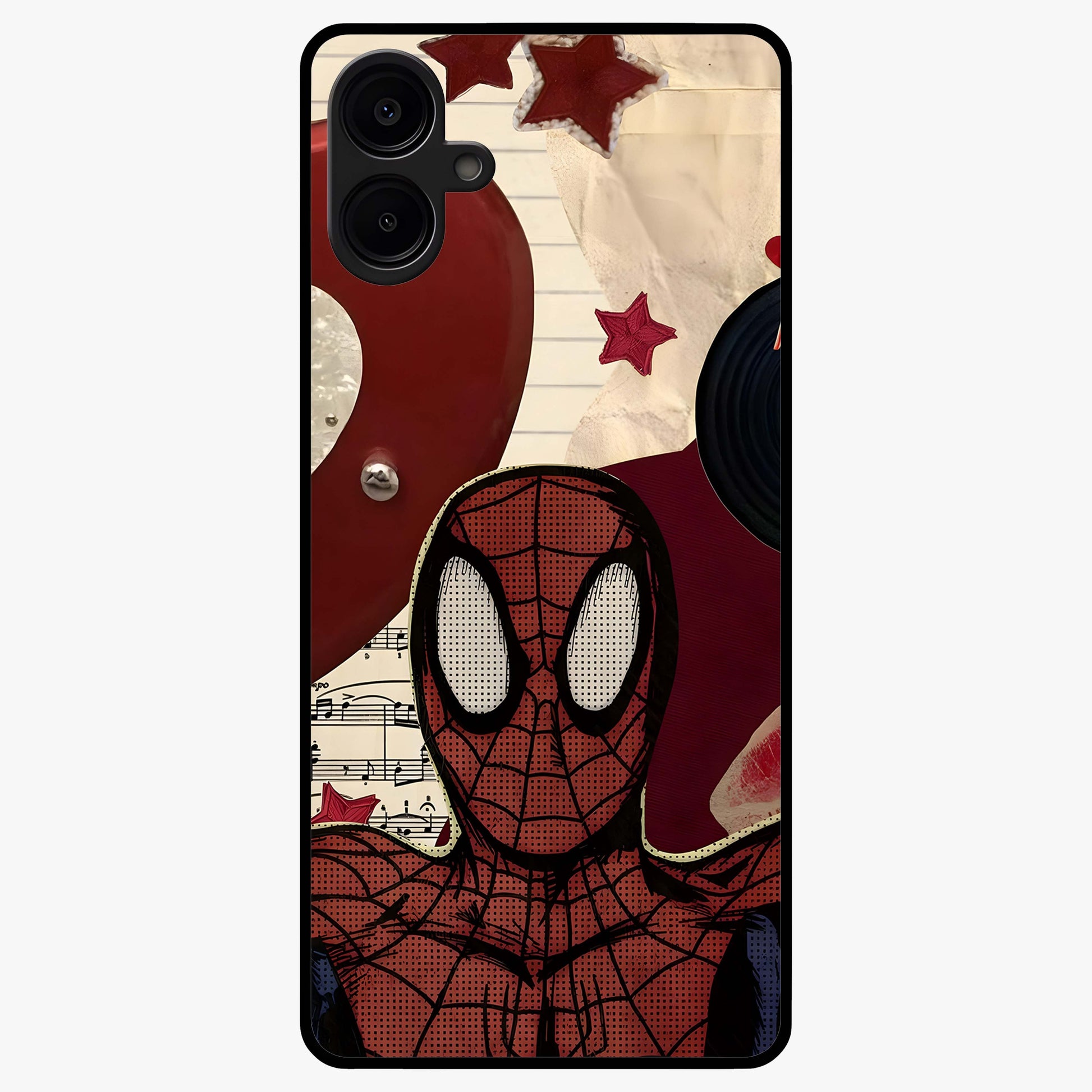 Web Warrior Vibes Glass Case showing flat back view with superhero inspired web themed artwork and glossy glass finish.