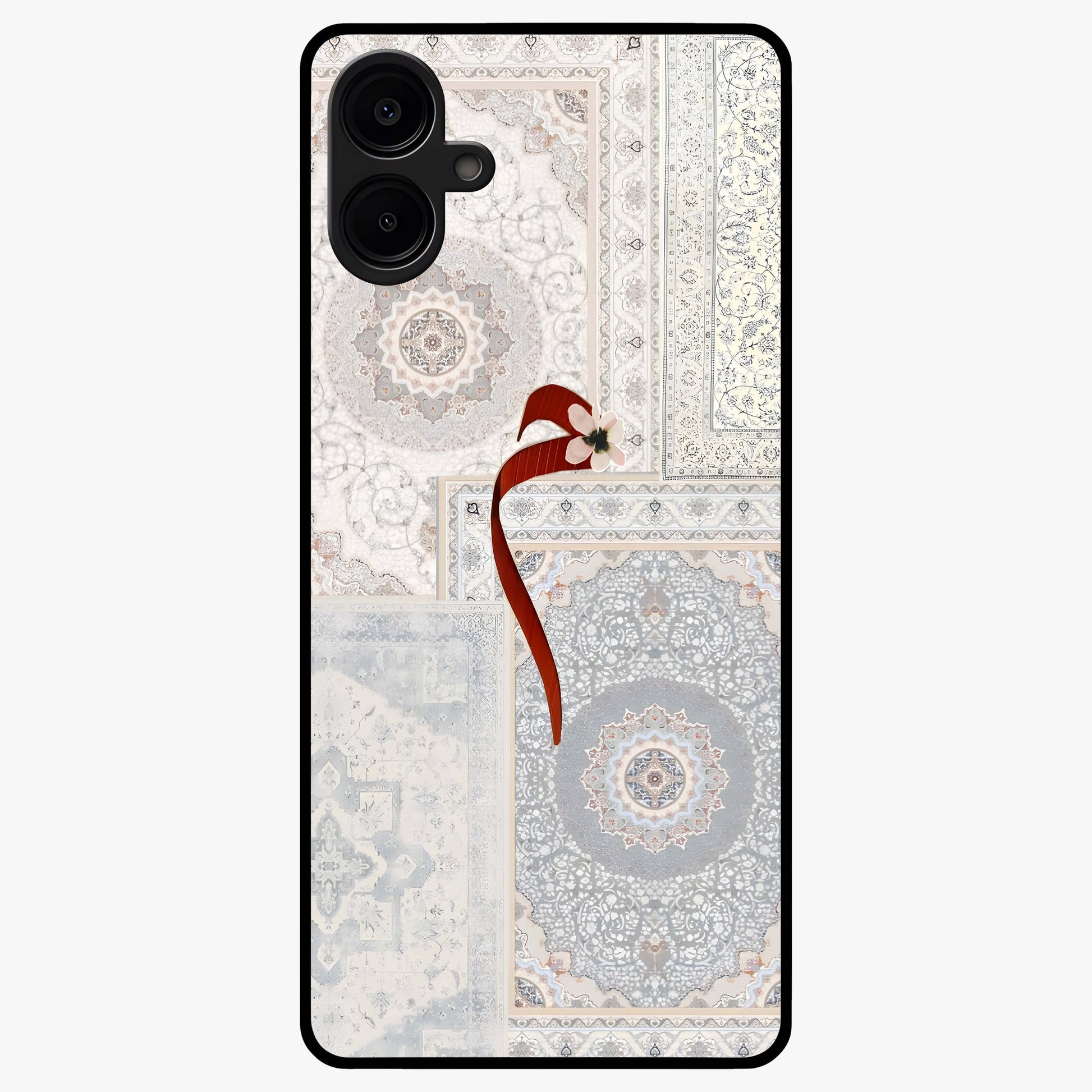 White Aesthetic Bow Glass Case showing flat back view with minimal bow artwork and glossy glass finish.
