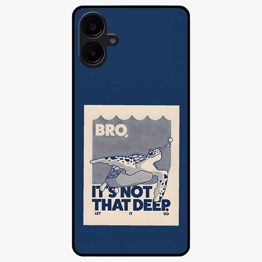 Worry Less Swim Glass Case showing flat back view with playful motivational artwork and glossy glass finish.
