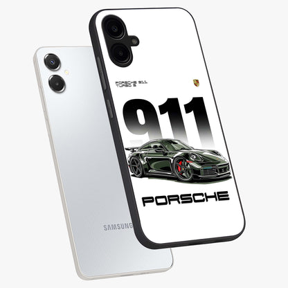 911 Turbo Dominance Glass Case displayed in premium angled mockup highlighting sporty car illustration and sleek glass surface.