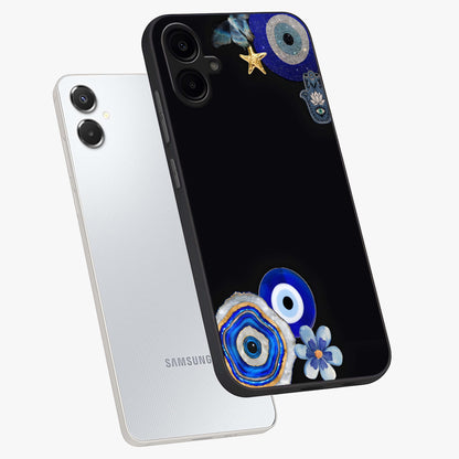 Aesthetic Blue Evil Eye Glass Case displayed in angled mockup highlighting blue evil eye symbol and spiritual aesthetic design.