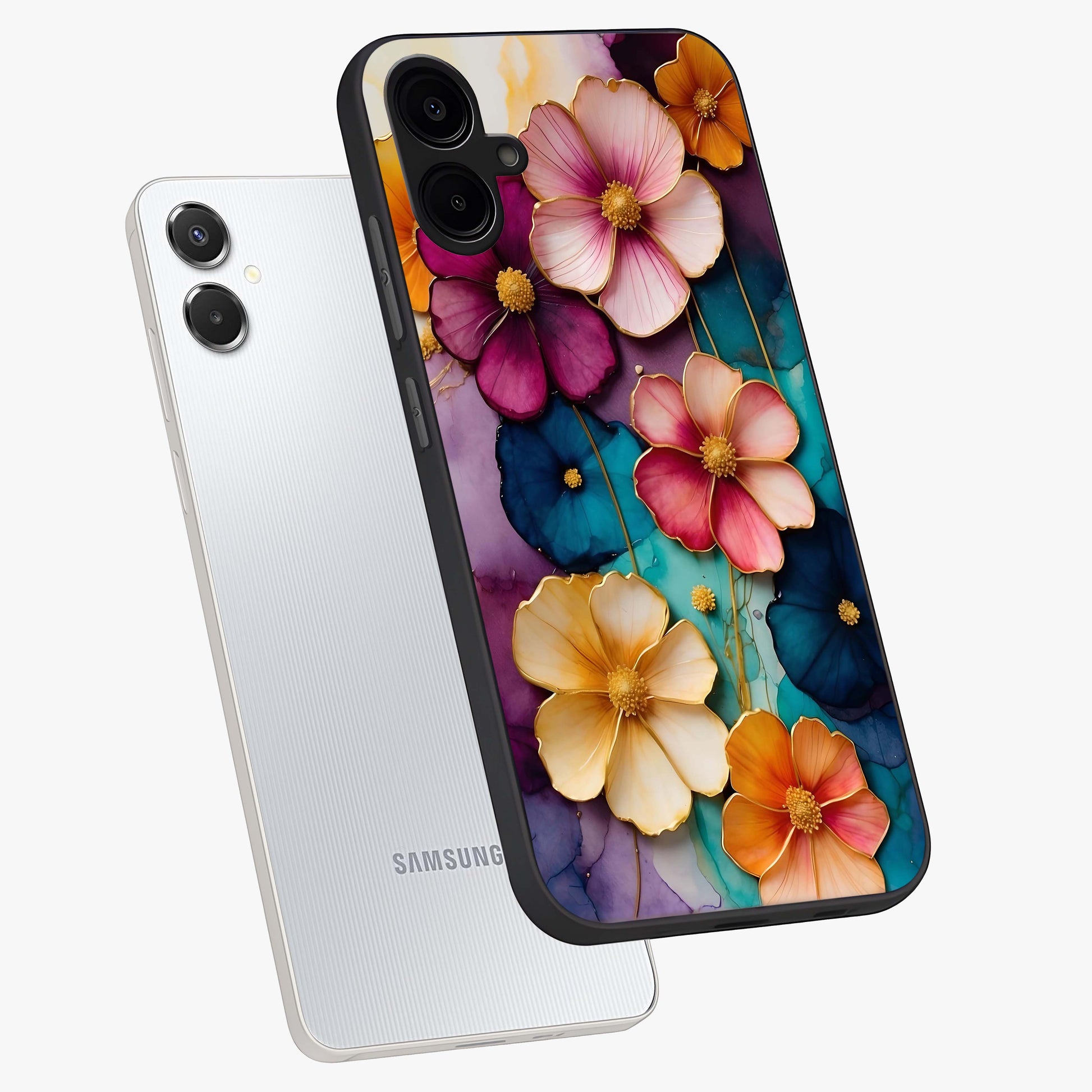 Artlyn Grace Flower Pattern Glass Case displayed in angled mockup highlighting delicate flower pattern design and smooth glass surface.