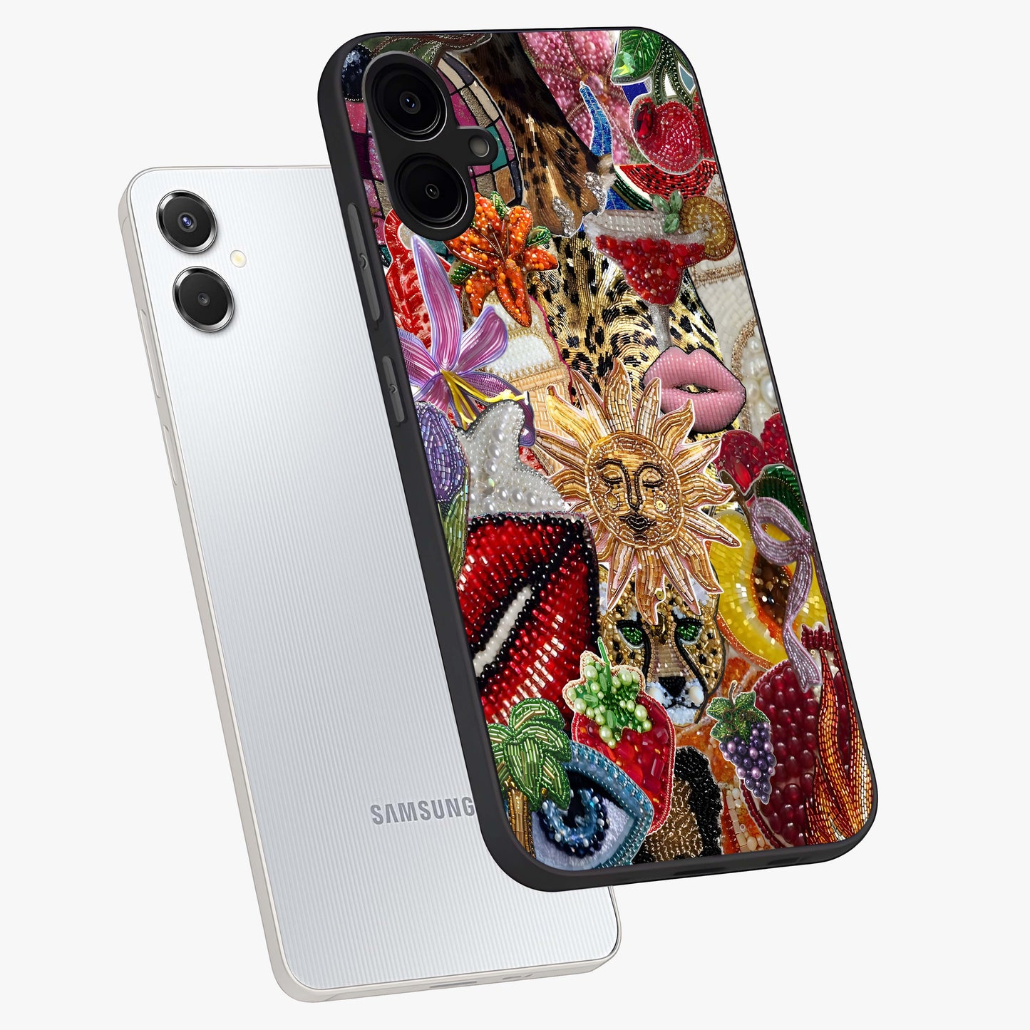 Beaded Fashion Jungle Glass Case displayed in angled mockup highlighting colorful fashion bead design and artistic pattern.